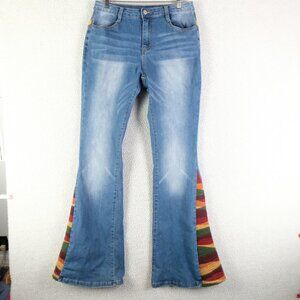 Saints And Hearts Jeans Womens Large 30 Blue Flare Embroidered Hippie Stone Wash